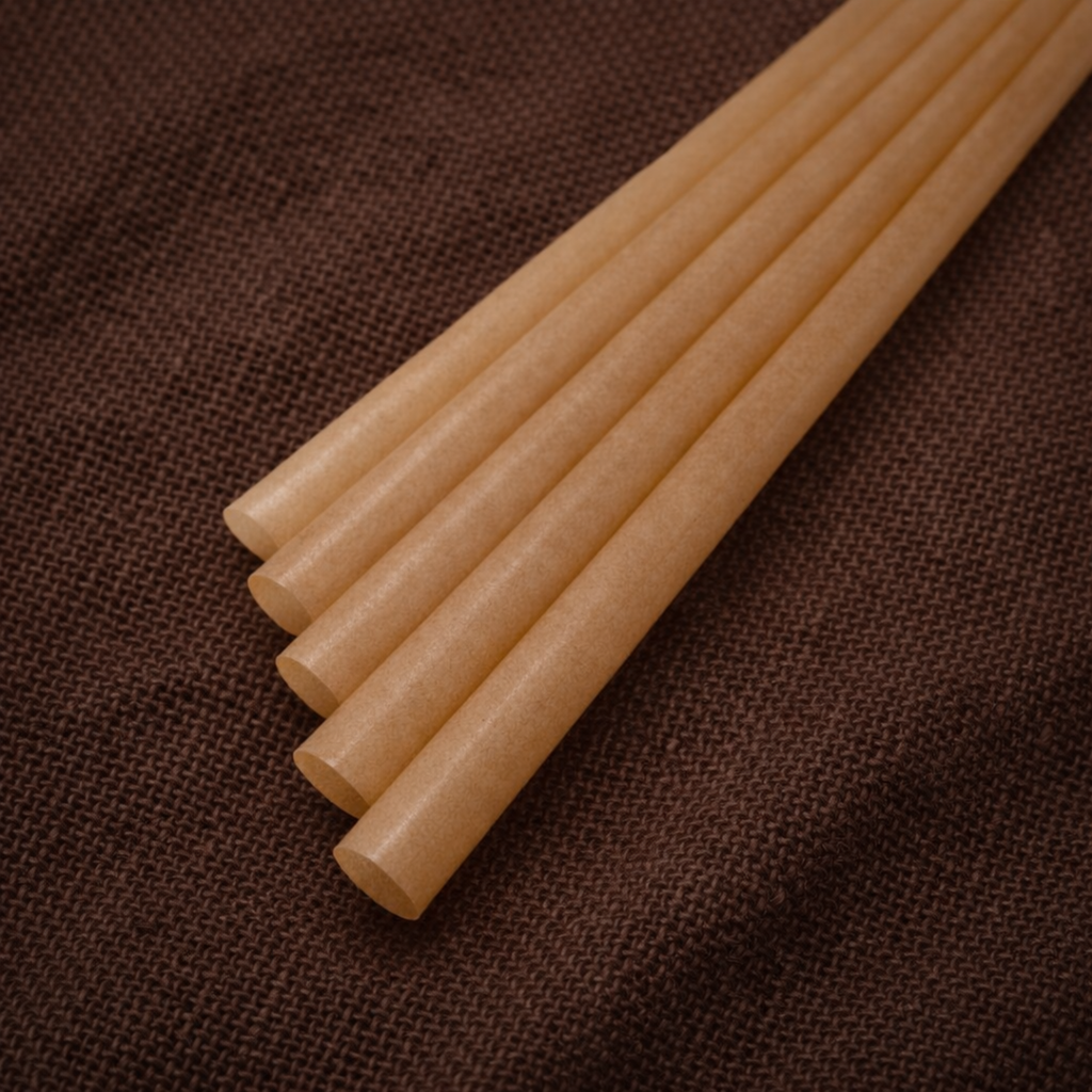 Bundle of natural brown sugarcane compostable drinking straws in branded kraft packaging