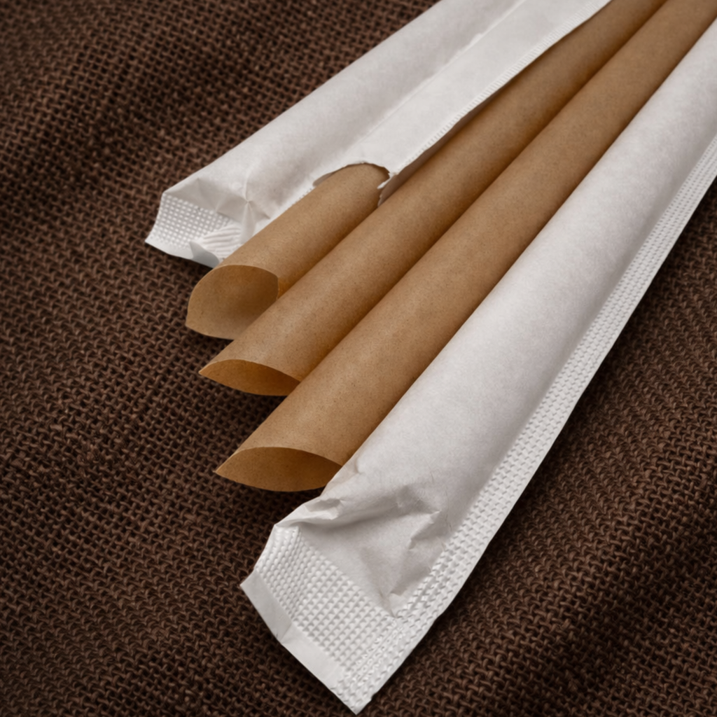 Close-up of 12mm slant-cut sugarcane boba straws, wrapped and unwrapped, on hessian