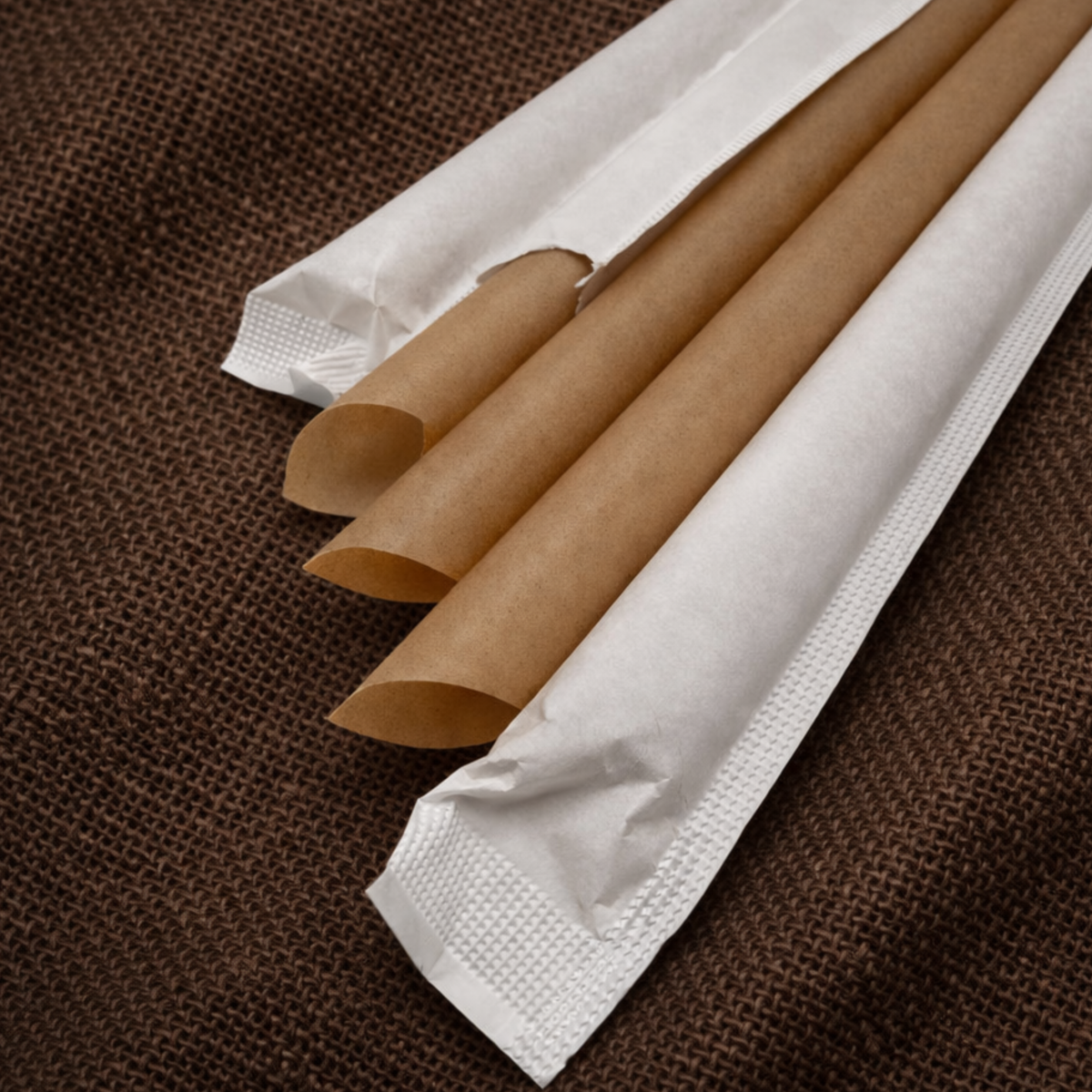 Close-up of 12mm slant-cut sugarcane boba straws, wrapped and unwrapped, on hessian