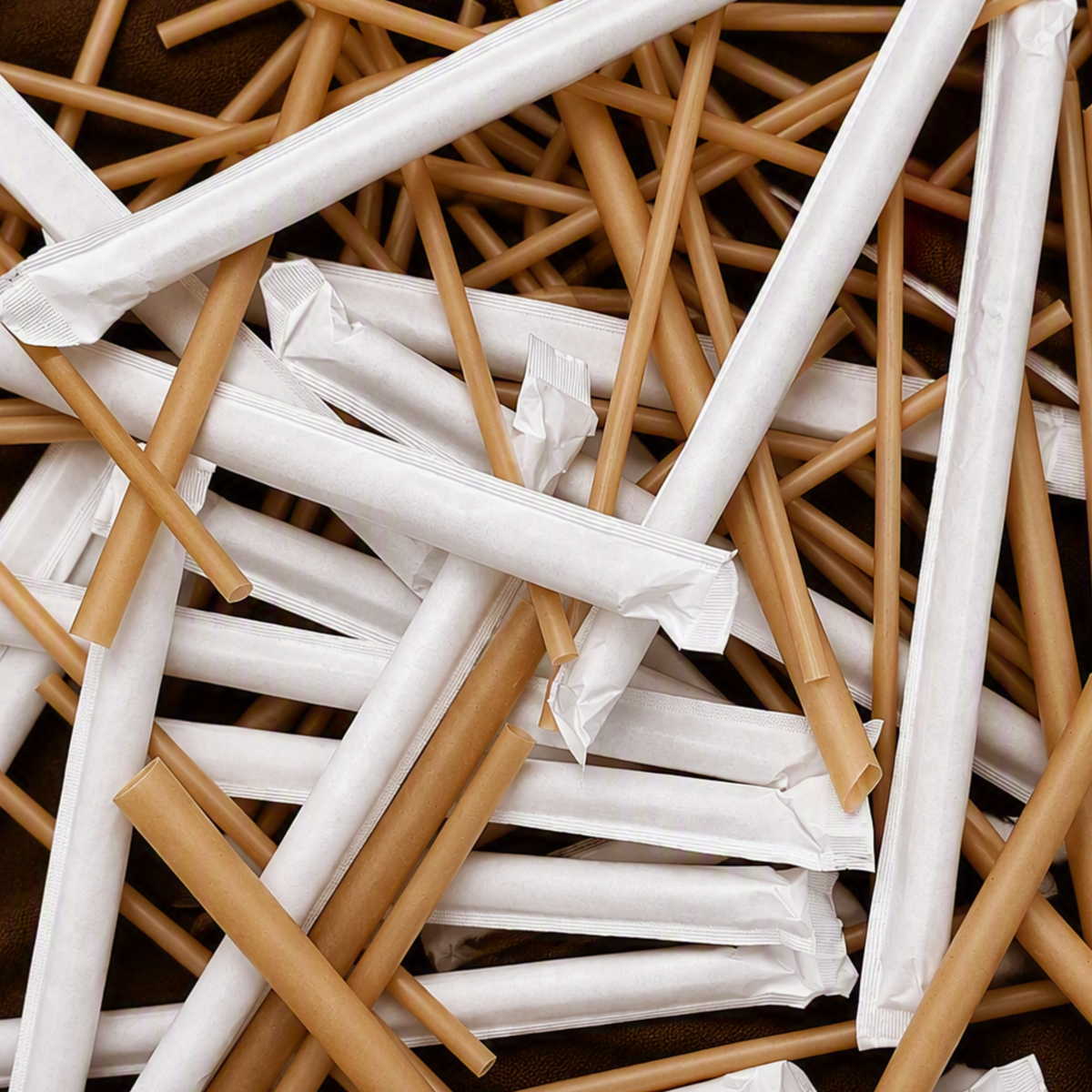 Scattered pile of 6mm, 8mm and 12mm sugarcane straws, wrapped and unwrapped, sample pack
